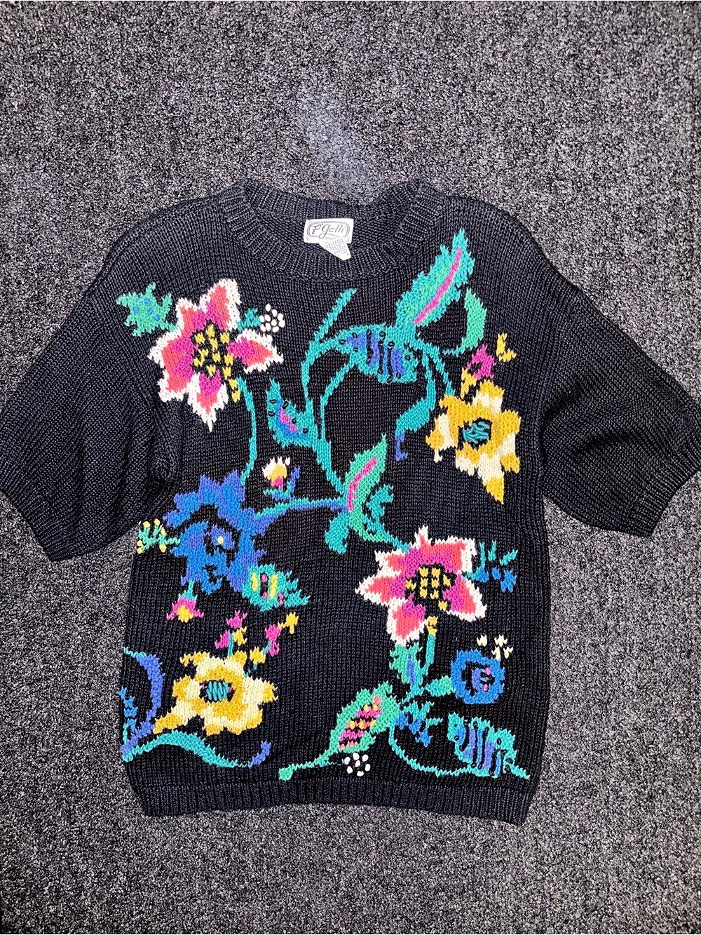 Vtg 90s P'Galli Knit Novelty Floral Sweater Sz M Whimsigoth Retro Short Sleeves